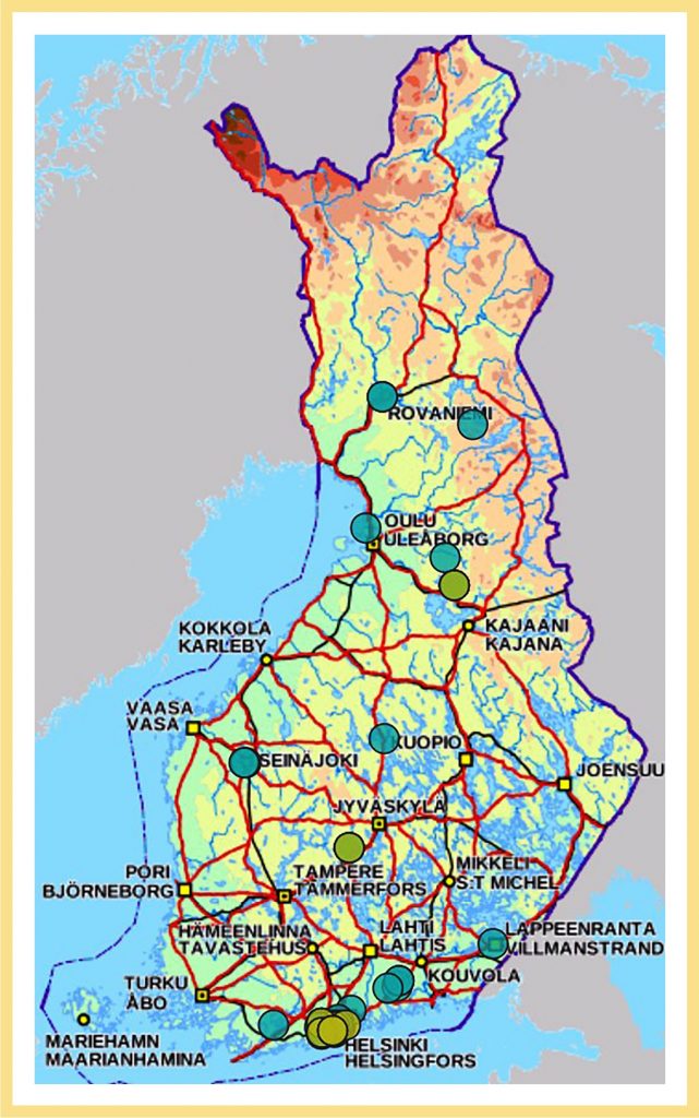 Suomen kartalla näkyy esimerkkikuvassa yhteensä noin kuusi kuvamerkintää ja noin 11 sanallisesti annettua merkintää Hyvinvoinnin tilaksi soveltuviksi ajatelluista tiloista. Merkintöjä on erityisesti pääkaupunkiseudulla, mutta myös pitkin etelärannikkoa sekä mm. Lappeenrannan, Tampereen, Turun, Kuopion, Seinäjoen, Oulun ja Rovaniemen seuduilla.